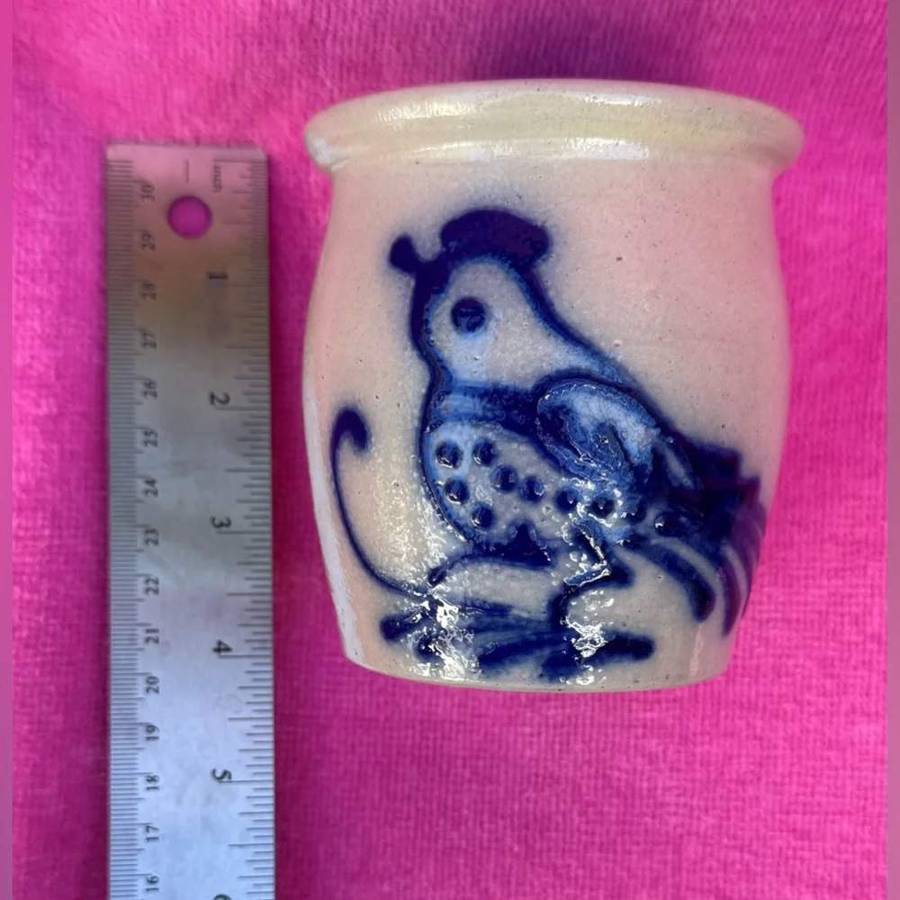 Vintage 1993 Beaumont Pottery 4” Salt-Glazed Crock – Cobalt Bird Folk Art - Picture 3 of 6